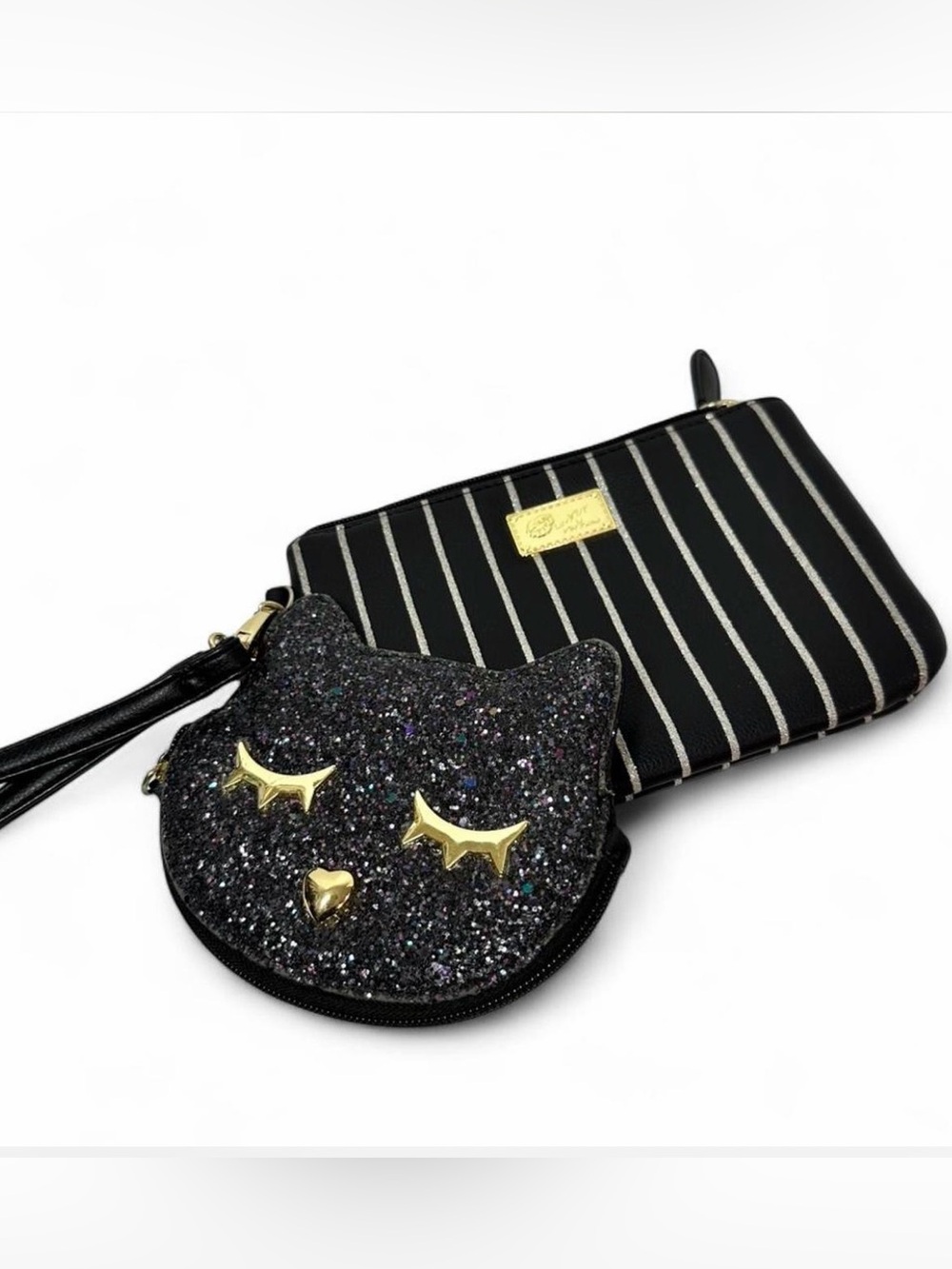 โ๏ธBetsey Johnson Black Glitter Cat Wristlet Set! NWT!